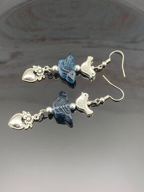 Blue Bird Silver Toned Bird Flowered Heart Handmade Handcrafted Earrings LR201